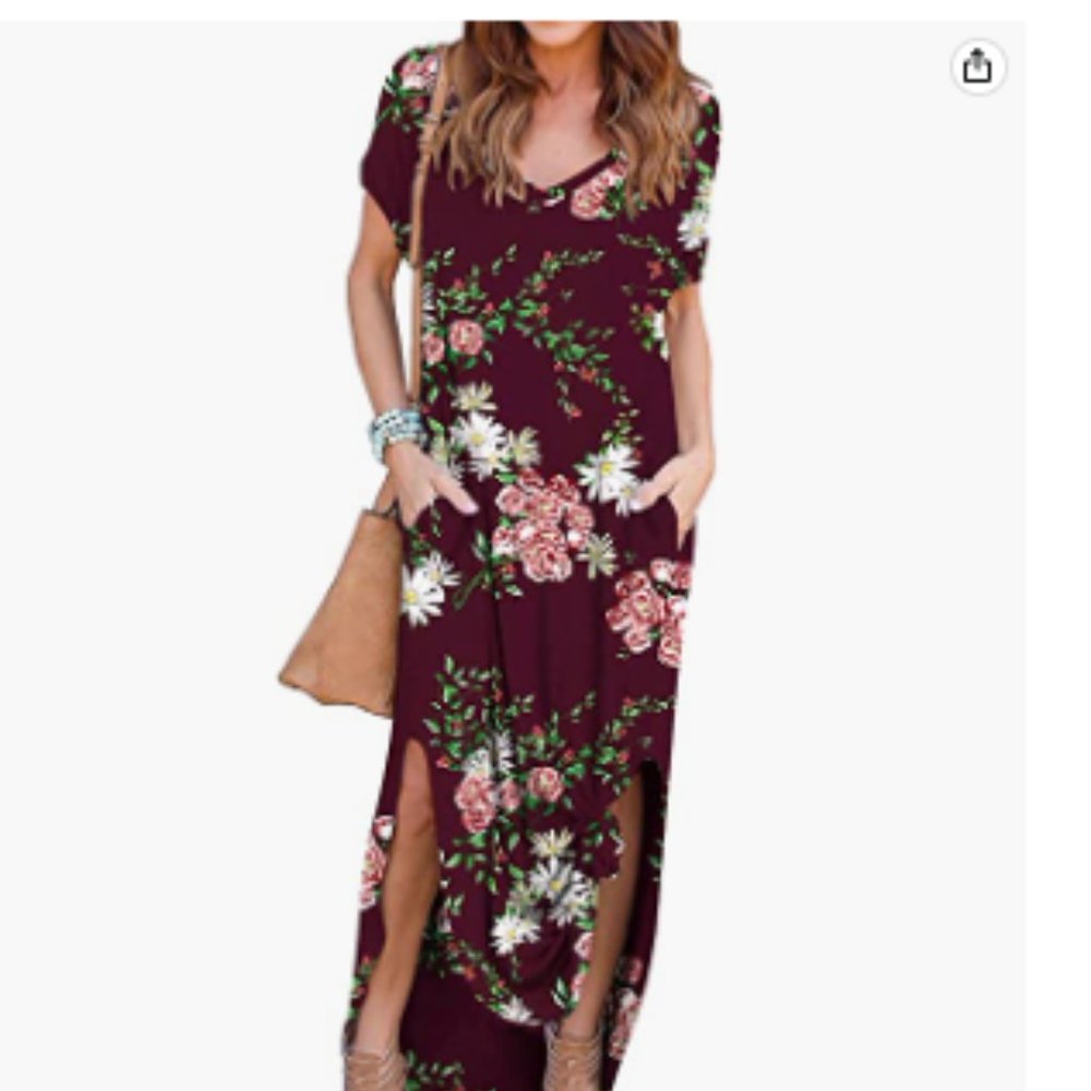 NWT GRECERELLE Short Sleeve Floral Print Split Maxi Dress with Pockets Size XL